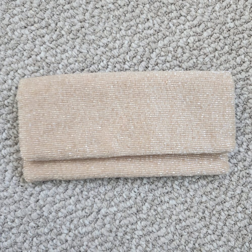 Moyna Beaded Fold-Over Clutch in Beige
